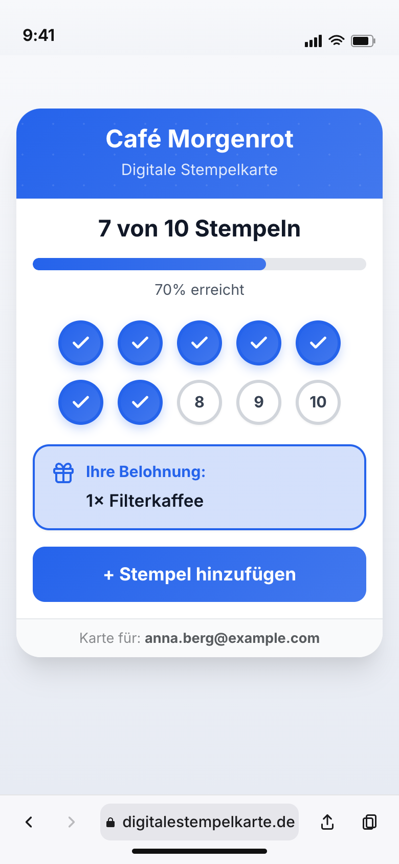 Stempelkarte von Café Morgenrot im Browser, 7 von 10 Stempeln